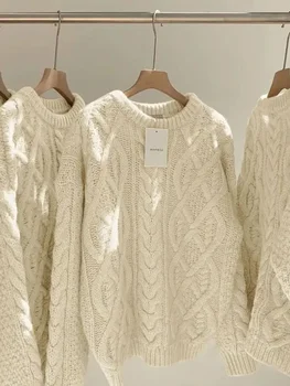 Japanese Retro Korean Off White Fried Dough Twists Sweater Women Thickened Outer Loose Lazy Style Thin Wool Knitting Top Female 1