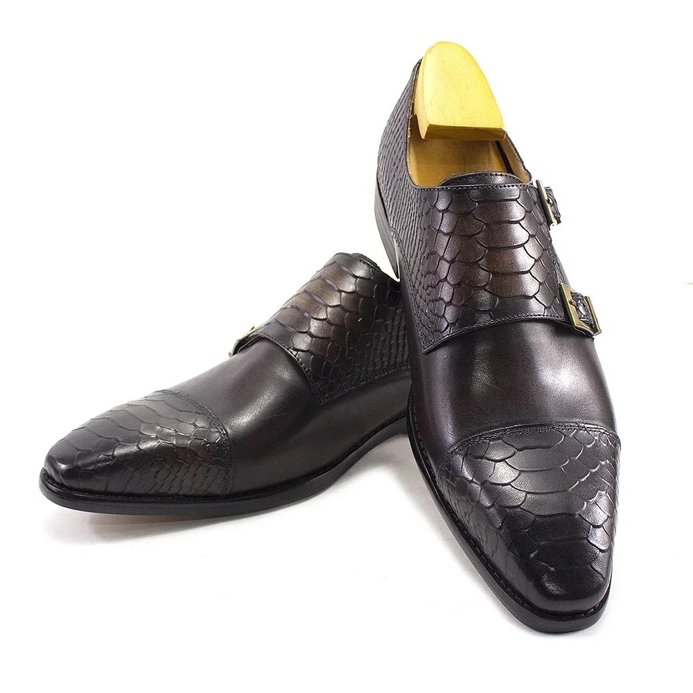 Men's Luxury Double Buckle Monk Strap Dress Shoes Genuine Leather Classic Crocodile Pattern Formal Business Office Footwear