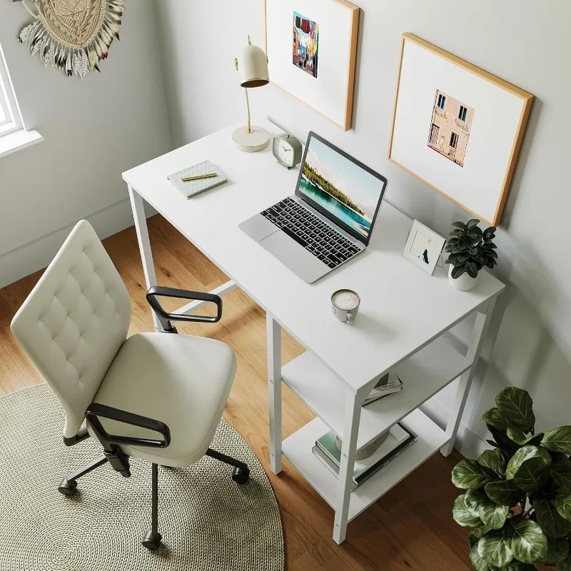 Small Computer Desk, 35 Inch Home Office Desk with Storage Shelves, Study Writing Desk, White 2