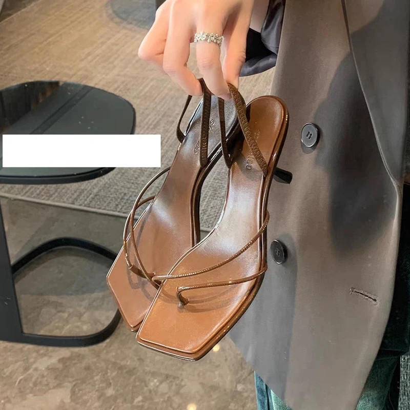 2023 Summer Vintage Thin Strap Sandals For Women Elegant Slip-On Heel Slippers Thin Heels Fashion Black White Shoes Ladies Hot