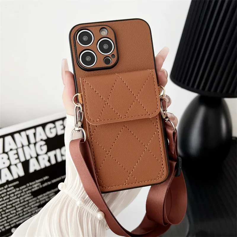 Leather Dust-Proof Phone Case with Wide Lanyard and Card Holder