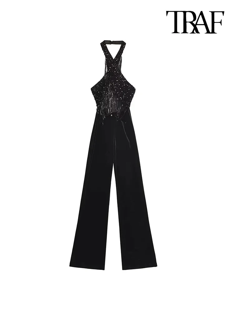 

TRAF-Women's Fashion Fringed Sequin Velvet Jumpsuits, Sexy Backless, Halter Neck, Female Playsuits