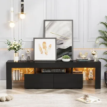 Modern LED TV Stand for Televisions up to 70 Inch with Glass Shelves and Drawer, Gaming Entertainment Center with Multiple 3