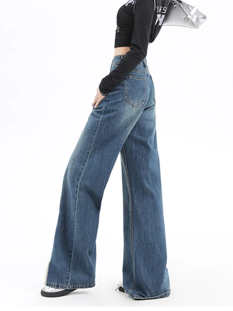 Vintage Women Boyfriend Ripped Split Jeans Distressed Straight Leg Denim Pants Loose Baggy Trousers Trend Y2K Fashion Streetwear