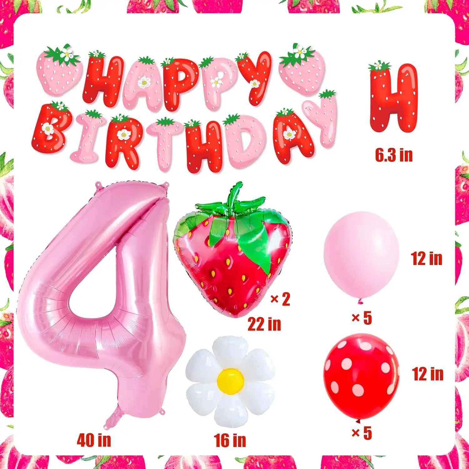 Erdbeer-Geburtstagsdekorationen, 40 Zoll große rosa Zahlen 1/2/4/5/6, Banner-Erdbeerballons für Partydekoration mit Beerenmotiv – Detail 5