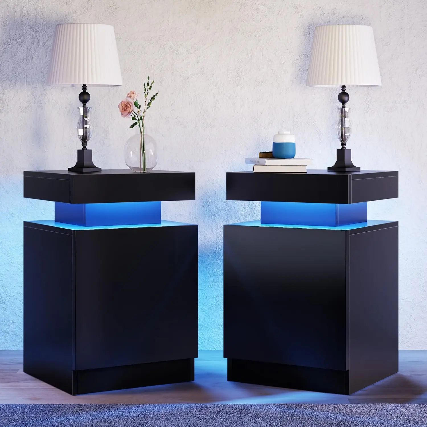 

Nightstand Set of 2 with LED Lights,Night Stand with Storage Cabinet for Bedroom,Bedside Table with LED, Black