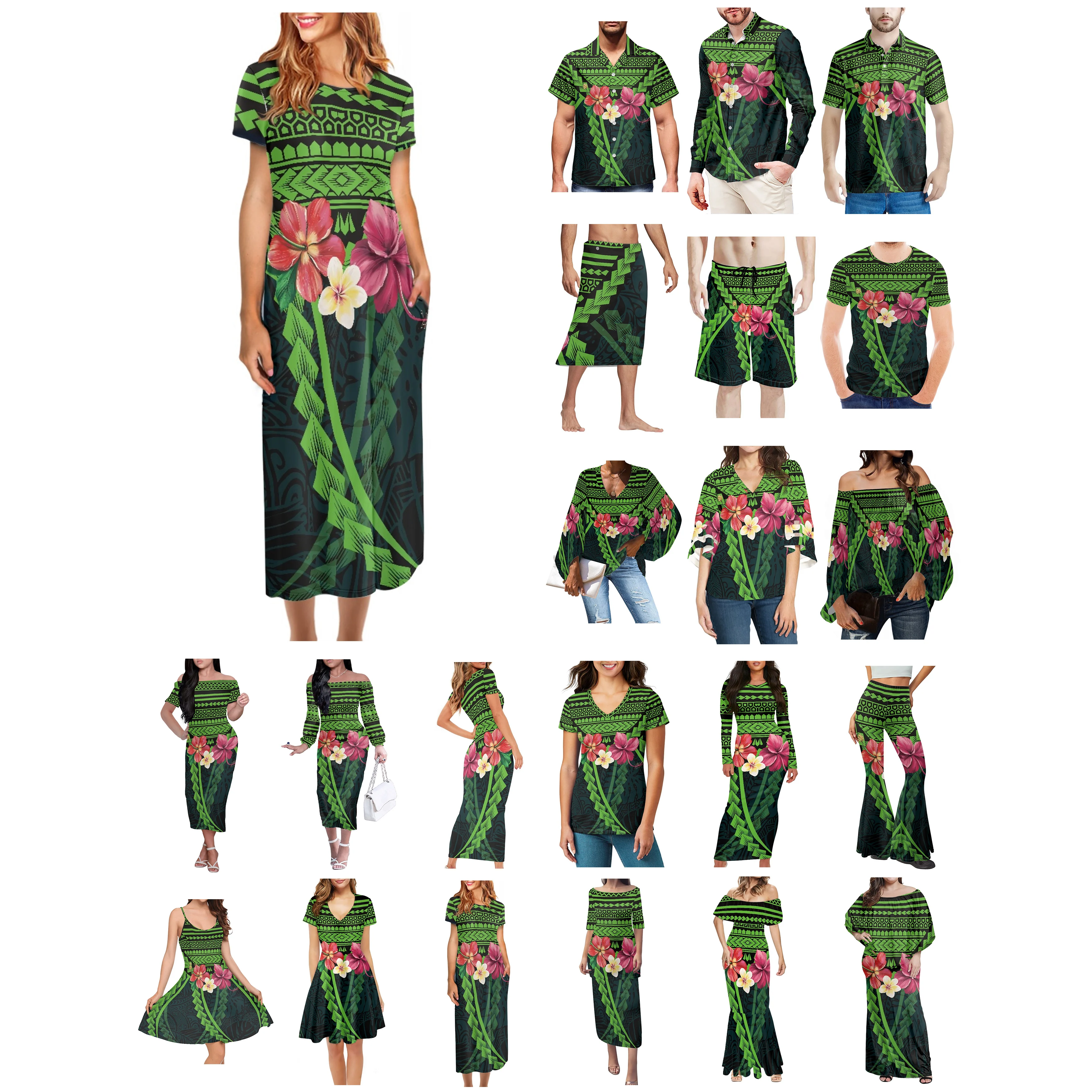 

Polynesian Tonga Hawaii Fiji Guam Samoa Pohnpei Tribal Tattoo Prints Clothes Women Dress Matching Men Shirt Green Lovers Clothes