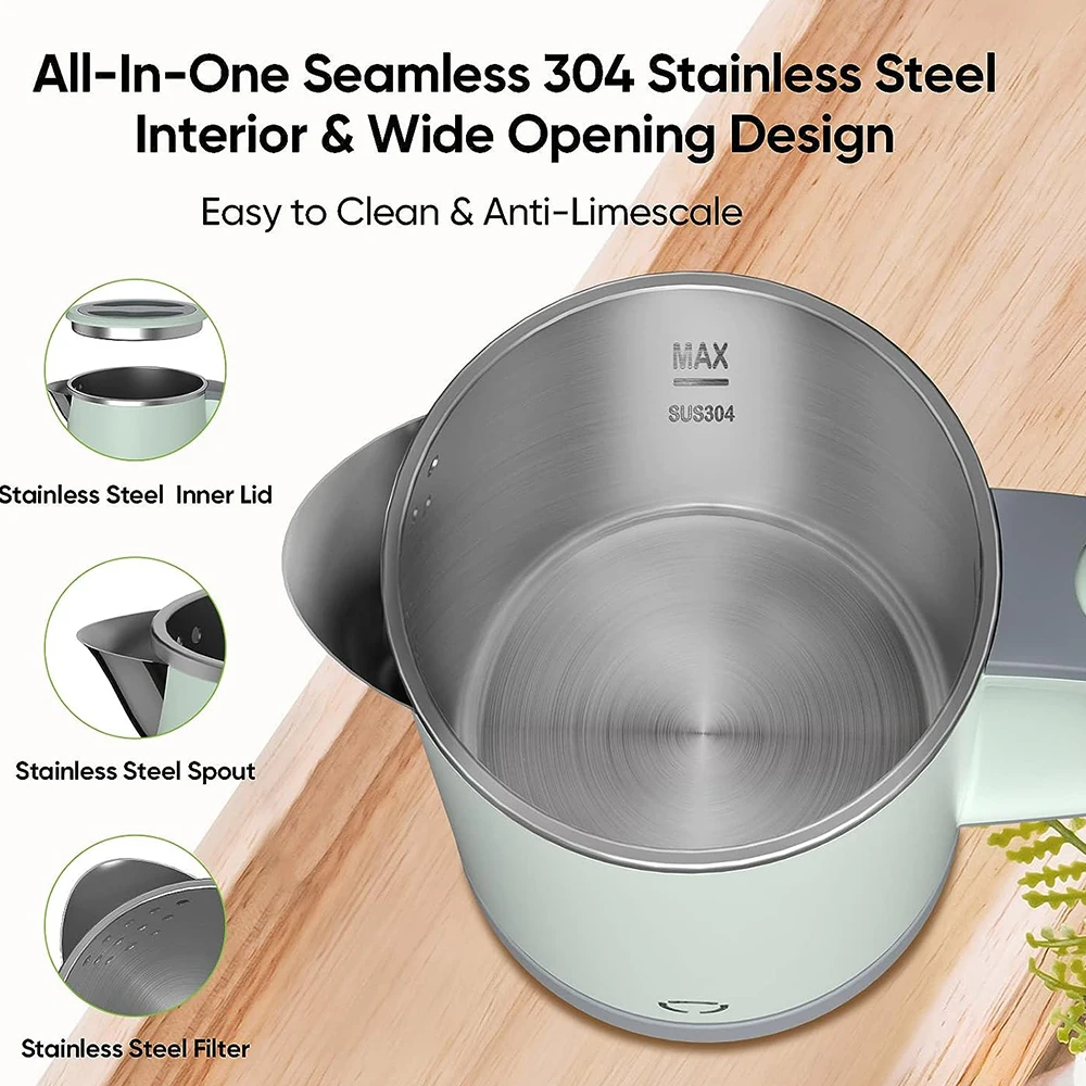 Chaleira elétrica portátil do curso, forro de aço inoxidável, Auto Shut-Off, Chaleira Home, Fervura rápida, 110V, 220V, 0.8L, 600W, 5Mins 2