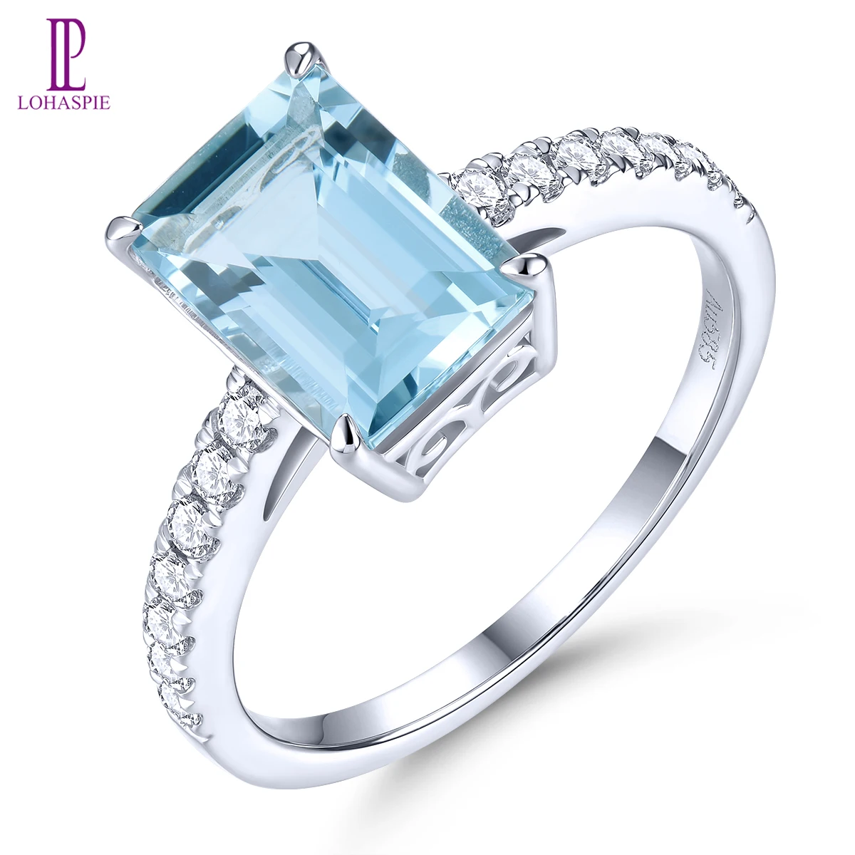 Lohaspie Natural Aquamarine Diamond Real 14K White Gold Rings 2 Carati Pietre Preziose Di Alta Qualità Women Anniversary Wedding Jewelrys