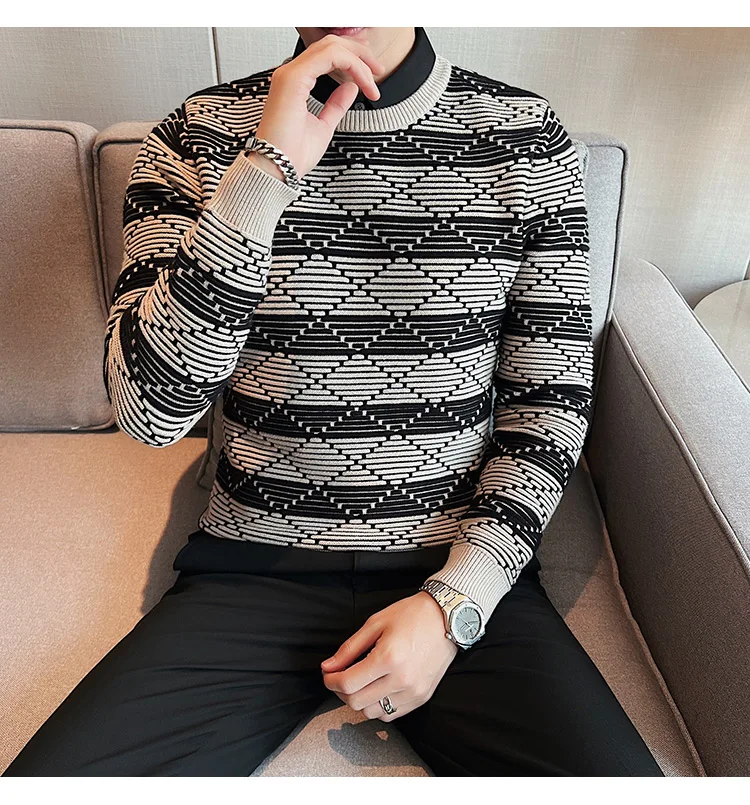 Fake-2Pieces Winter Thick Striped Sweaters For Men Clothing 2022 Plus Size 4XL-M Slim Fit Casual Knitted Pullovers Pull Homme
