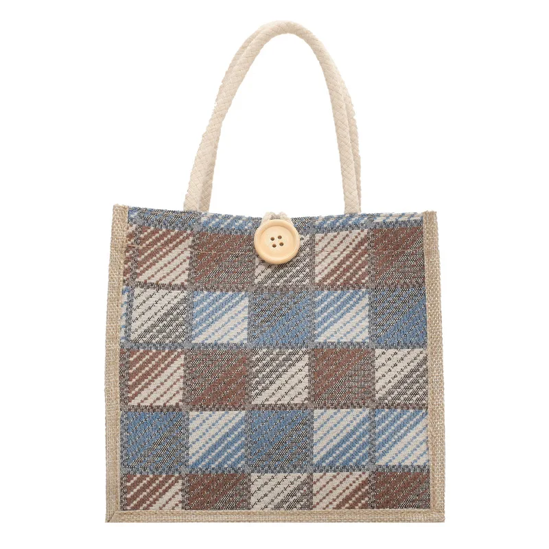 

Spot Internet Celebrity Plaid Canvas Portable Linen Bag Fashionable Hand Lunch Box Lunch Bag Ins Student Small Shoulder Bag