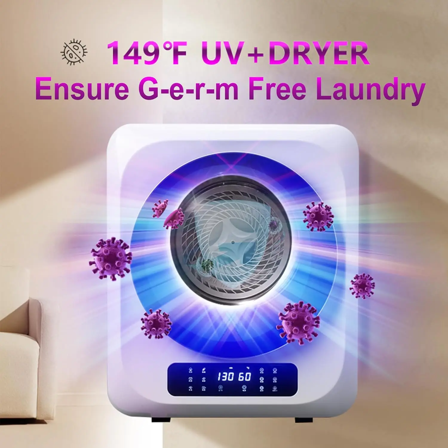 Clothes Dryer, 120V/850W Comtact Mini Dryer Machine with Exhaust Pipe, LED Touch Control Panel, Portable Dryers  , Dorm, RV, Whi 4