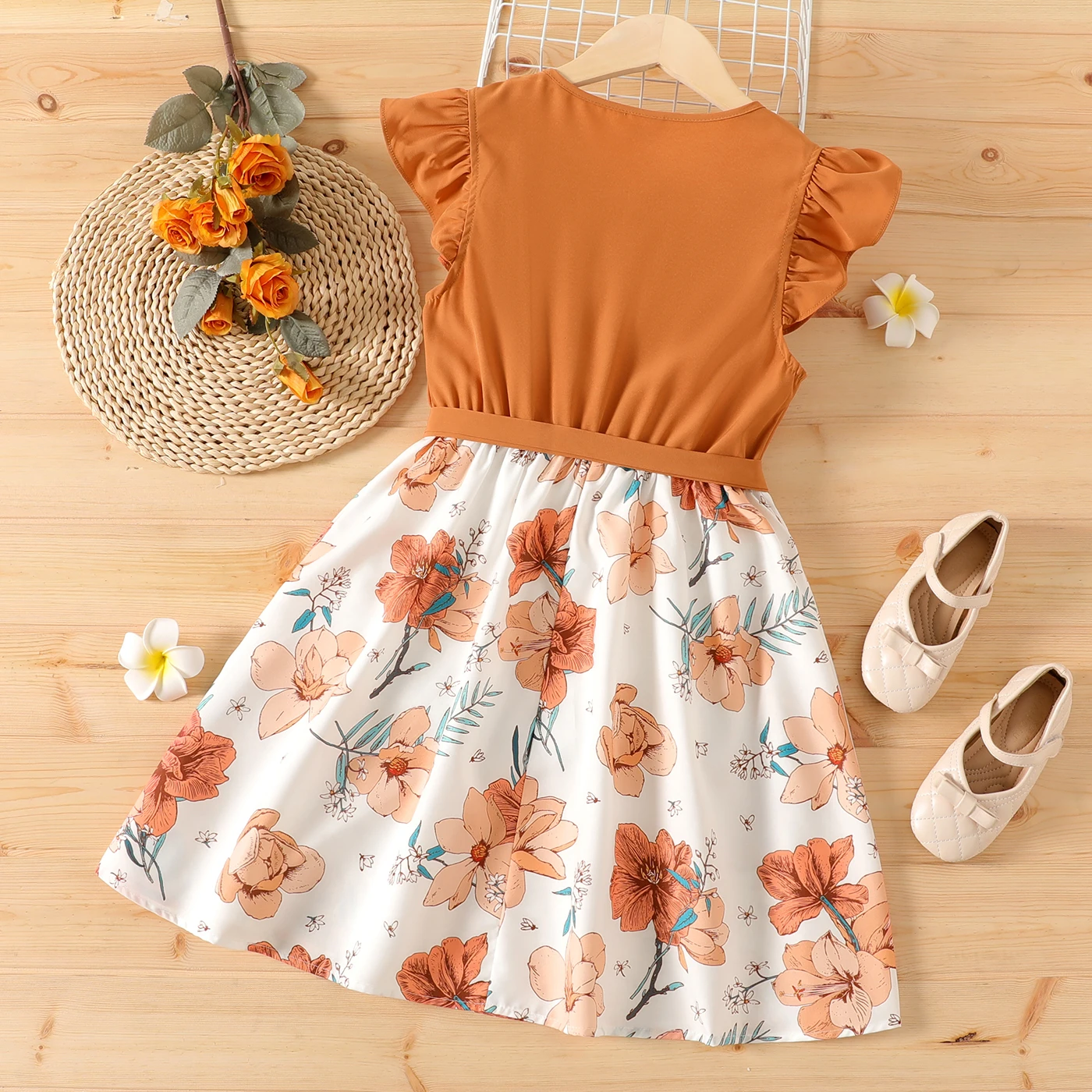 PatPat Girl Kids Dress Elegant Party Ruffled Floral Print Splice Belted Flutter-sleeve Dress girls dress,kids clothes