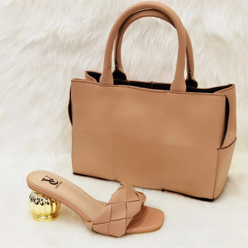 Slippers Khaki Color Latest Special Design Good PU Leather Shoes and Bags Set Italian Matching 2021 Rhinestone Wedding Party |