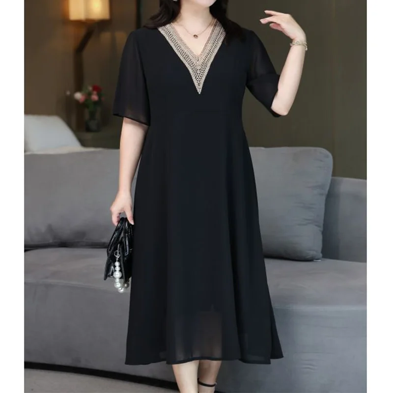 Fashion Plus Size Women's Clothes Chiffon Black Dress Summer V-Neck Hollow Out Patchwork Lace Short Sleeve Mid Length Dresses
