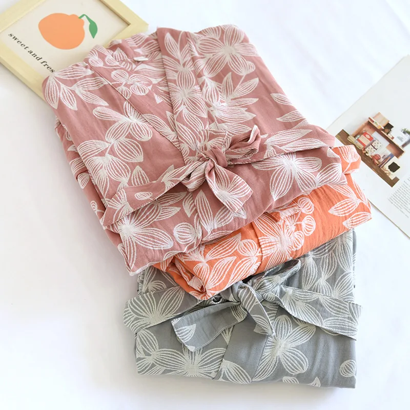 Women's Pure Cotton Gauze Pajamas Thin Jacquard Bathrobes Autumn Long Sleeve Japanese Kimono Robe Loose and Casual Home Wear