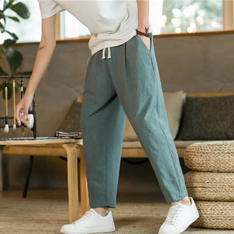 2023 Summer New Chinese Style Solid Color Casual Ankle Length Pants Man All-match High Waist Drawstring Pockets Wide Leg Trouser