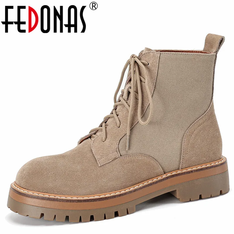 

FEDONAS Vintage Women Ankle Boots Thick Heels Splicing Cow Suede Leather Shoes Woman Lace-Up Round Toe Casual Autumn Winter 2023