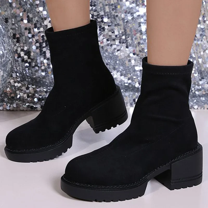 Autumn Winter Solid Color Suede Ankle Boots Women Casual Plus Size Platform Booties Woman Comfortable Square Heel Botas Female