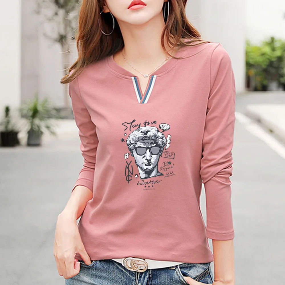 

2022 New V Neck 100% Cotton T Shirt Woman Autumn Fashion Long Sleeve Shirt Women's T-shirt Loose Korean Style Women Shirts #1000
