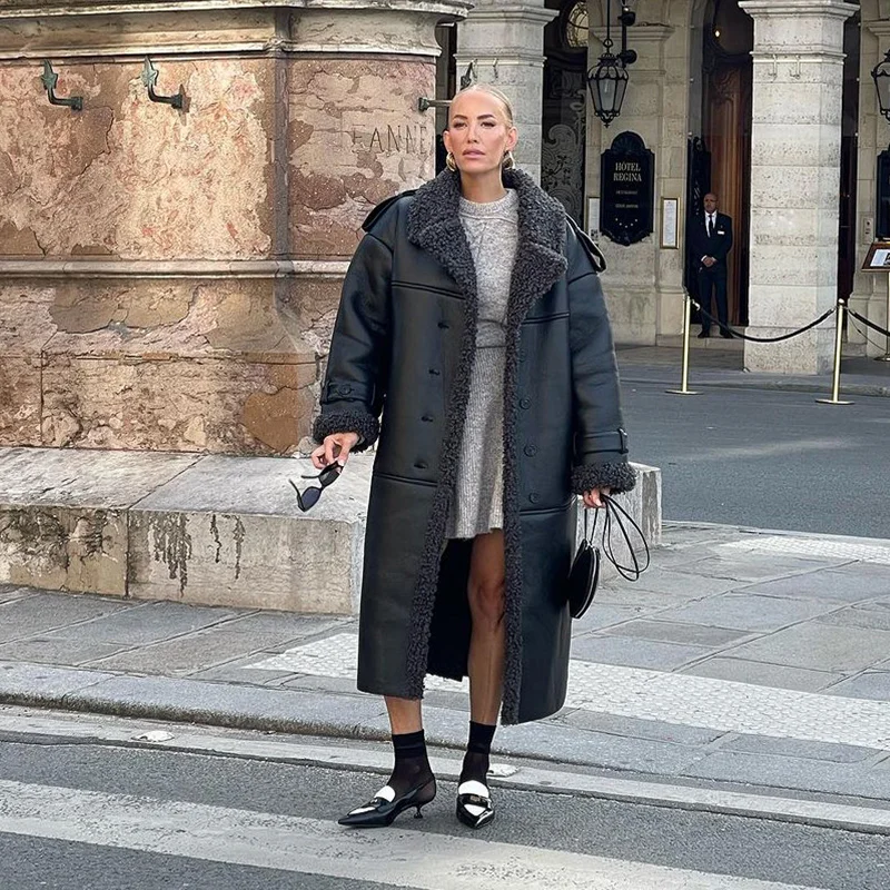 Fashion Lamb Wool PU Leather Long Jacket Women With Belt Patchwork Lapel Pocket Oversize Overcoat Winter Warm Thick Outwear