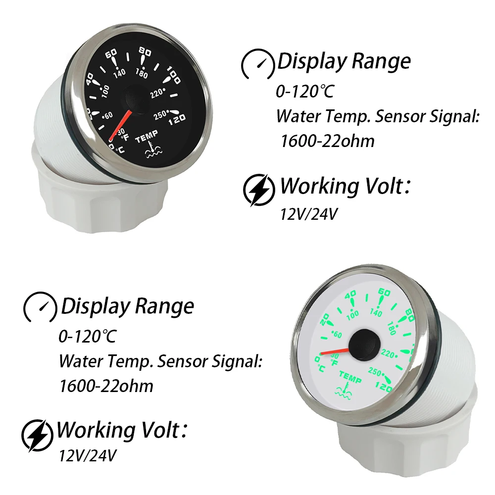 ELING 유니버셜 52mm 수온계 게이지 40-120도 7색 백라이트 12V 24V 자동차 트럭 선박용