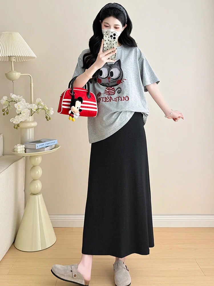 여름 임부복 레이지 스타일 루즈핏 반팔 티셔츠 미니스커트 투피스 세트 편안하고 통기성 좋은 면 소재 한국 버전