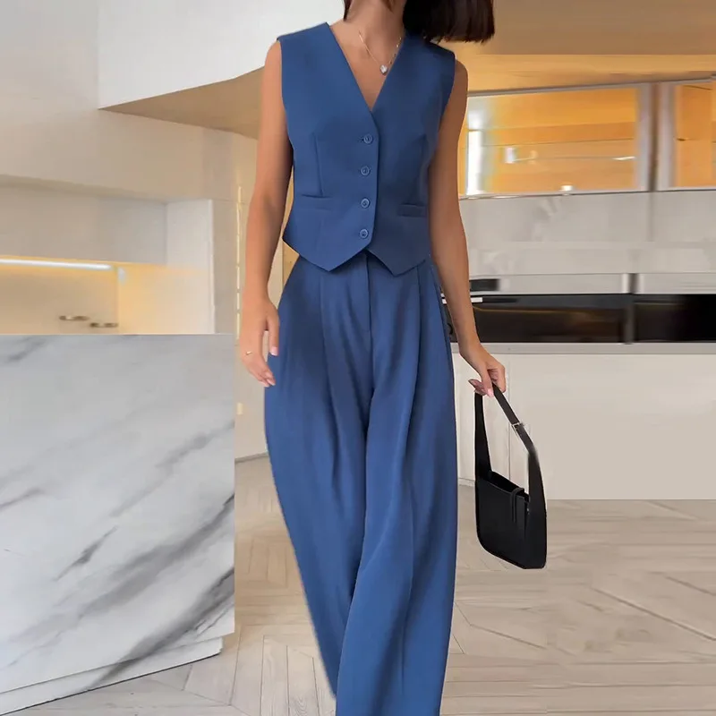New Autumn Women's Solid  Color V-neck Sleeveless Vest Top Hanging Wide Leg Trousers Commuter Casual Ladies Two-piece Suit