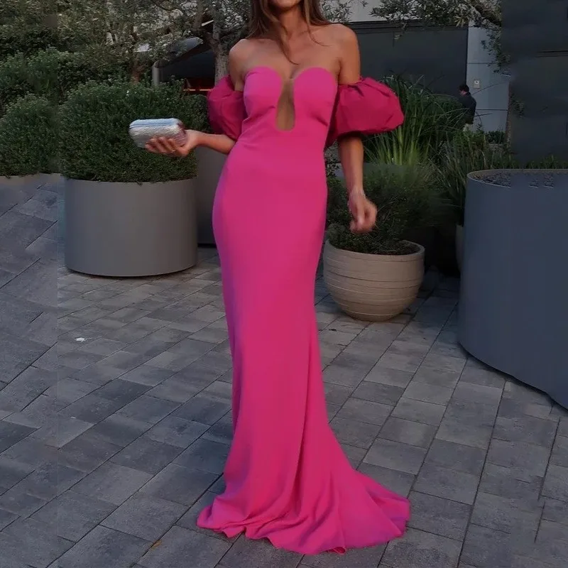 

Summer 2023 Party Evening Robes Tube Top Bubble Sleeves Sexy Backless Maxi Dress Fashion Elegant Women's Long A-line Vestidos