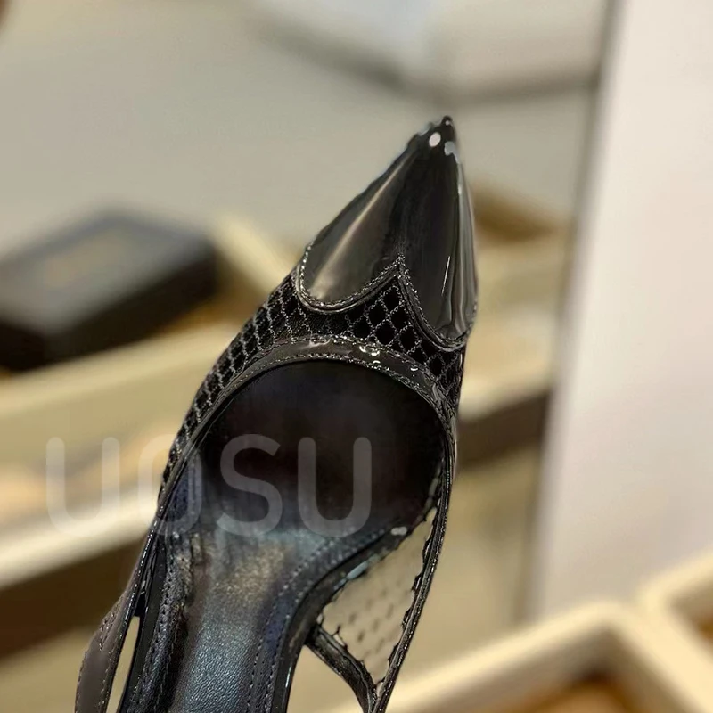 Summer Women's High Heels Luxury Shiny Patent Leather Designer Fishing Net Heel Shoes Banquet Party Pointed Toe Dress Shoes