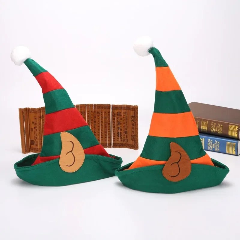 Adult Non-woven Christmas Hat with Ears Red and Orange Striped Witch Hat Elf Halloween Decoration Supplies Santa
