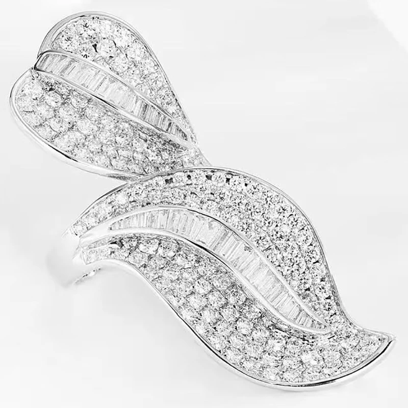 

European and American heavy industry luxury big leaf silver-plated open ring full of diamonds eye-catching party accessories