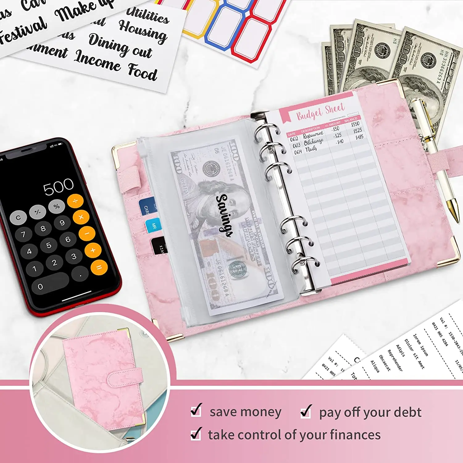 A6 Money Saving Organizer PU Leather Budget Binder Marble Notebook Budgets Planner 2023 Envelope Office School Supplies 5