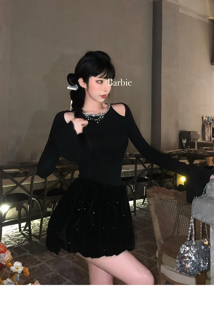 Autumn Winter Knitted Black Dresses for Women Long Sleeves High Waist A-line Birthday Party Dress Mini Vestidos Female Clothing