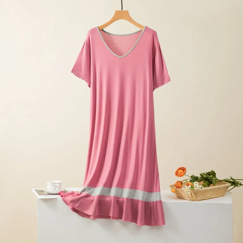 Loose Big Size Modal Sleepwear Women Dress V Neck Short Sleeve Ladies Nightie Patchwork Color Oversize Nightgowns
