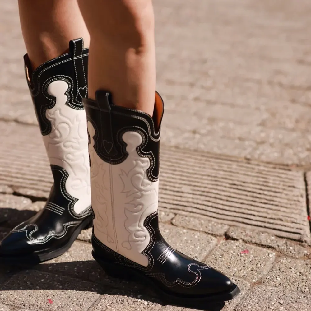 Retro Black White Cowboy Boots for Women Vintage Pointy Toe Embroidery  Block Heels Mic-calf Brown Cowgirls Western Boots Shoes - AliExpress, image size:1000x1000