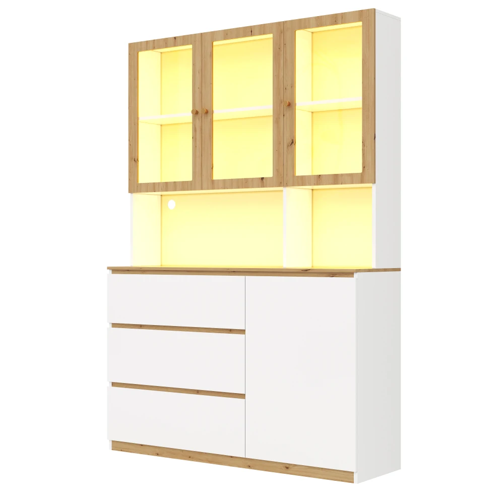 Bücherregal mit Glastüren und LED-Beleuchtung, Vitrine mit offenem Fach und 3 Türen, Aktenschrank für Ordner und Bücher – Detail 22