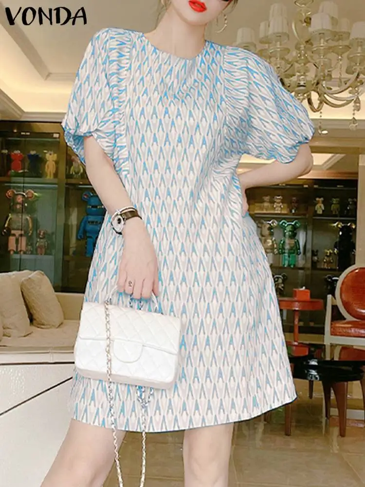 

Bohemian Sundress Women Summer Printed Mini Dress 2023 VONDA Fashion Short Sleeve Party Dress Sexy Puff Sleeve Vestidos Baggy