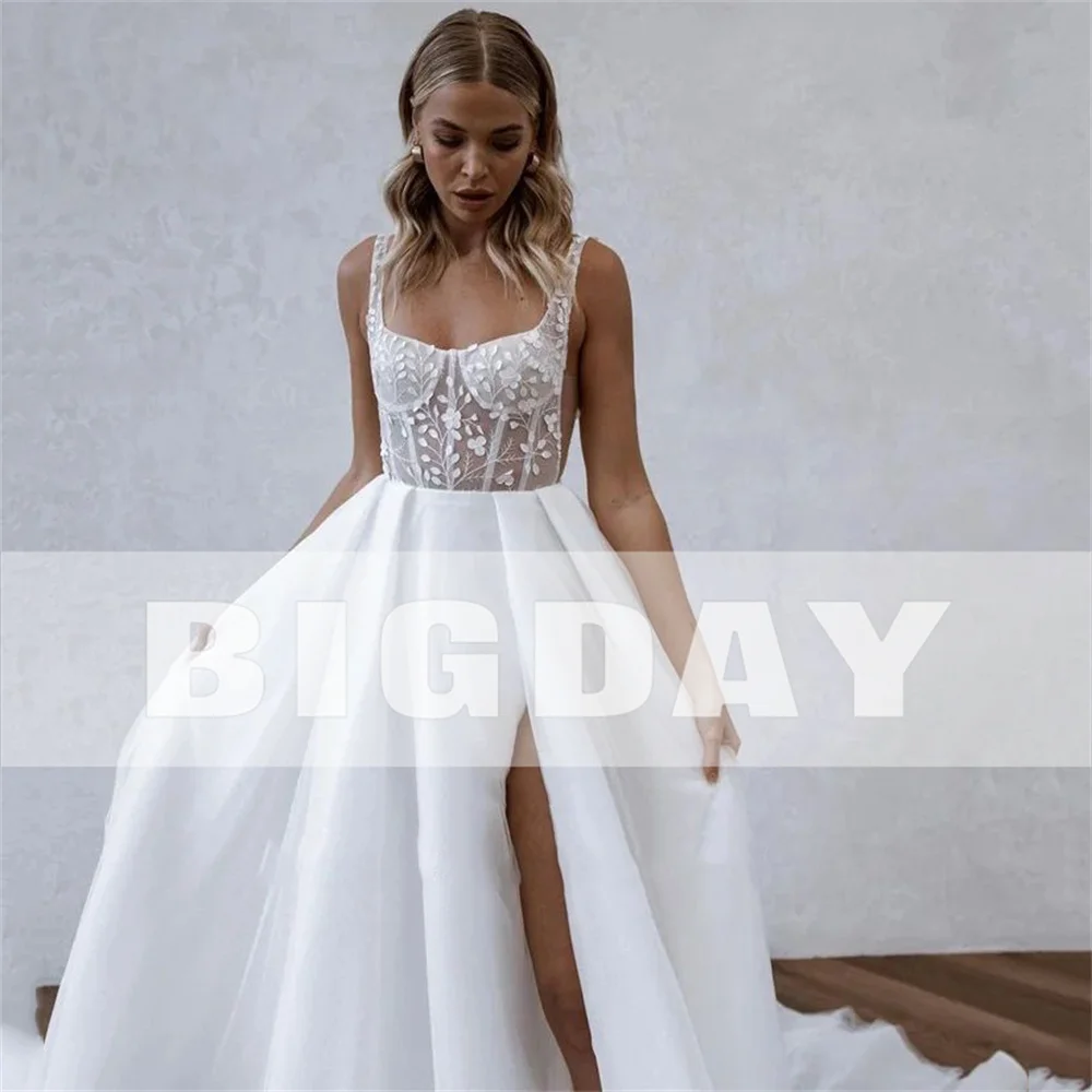 A-Line Wedding Dress Women Lace Open Back Square Collar Spaghetti Straps Split Bridal Gown Train Vestidos De Noiva Customized 4