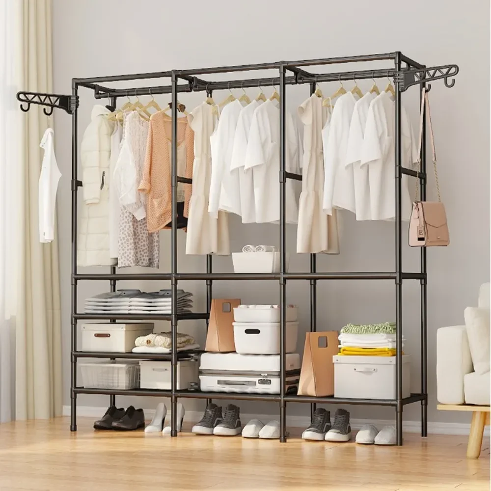 Clothes Rack Double Row Large Floor Hangers with Hanging Hooks Rods Household Simple Storage Shelf Coat and Shoes