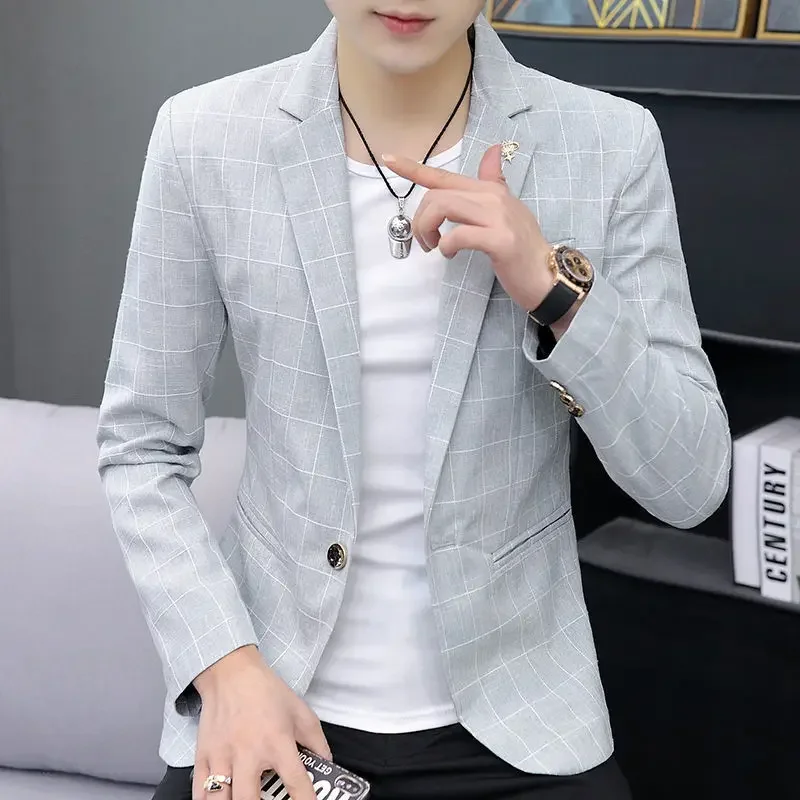 thumbnail image 1 of Chaqueta de traje de lino gris para hombre, chaqueta de un solo pecho, blazer para hombre, novedad de verano en ropa sencilla, moda 2024, informal, clásica, 1 of 5