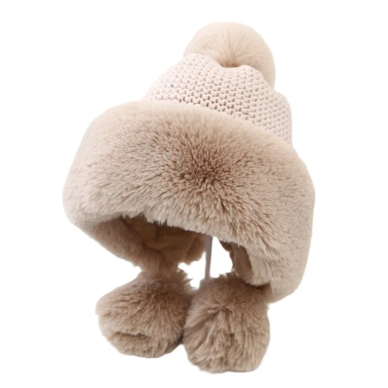 Plush Warm Knitted Hat For Women in Autumn And Winter Cute Fur Ball And Thick Velvet Ear Protection Anti Cold Lei Feng Hat
