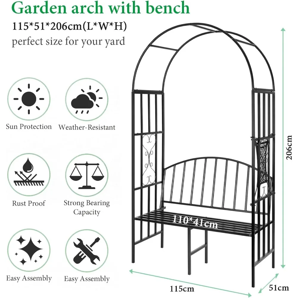 Garden Arch Heavy Duty (Holds 660lbs-250kg) | Metal Arbor Archway for Climbing Plant & Two People Seat Bench |Outdoor Lawn Backy