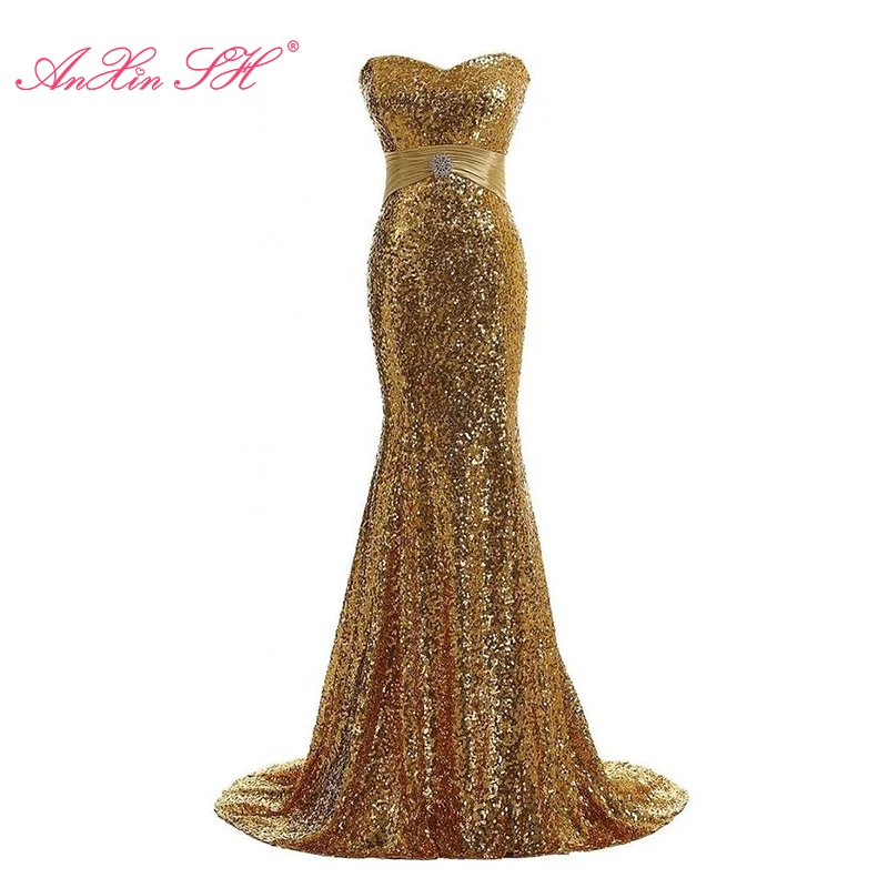 

AnXin SH princes golden sparkly mermaid evening dress vintage blue strapless red sleeveless Bridesmaid black evening dress