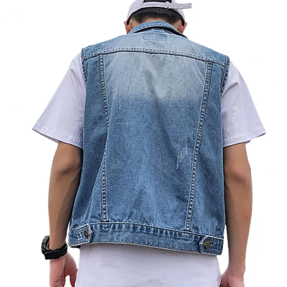 Description Picture 4 of itemSleeveless Denim Vest Men's Sleeveless Denim Jacket with Ripped Holes Pockets Single Breasted Washed Waistcoat for Casual Style