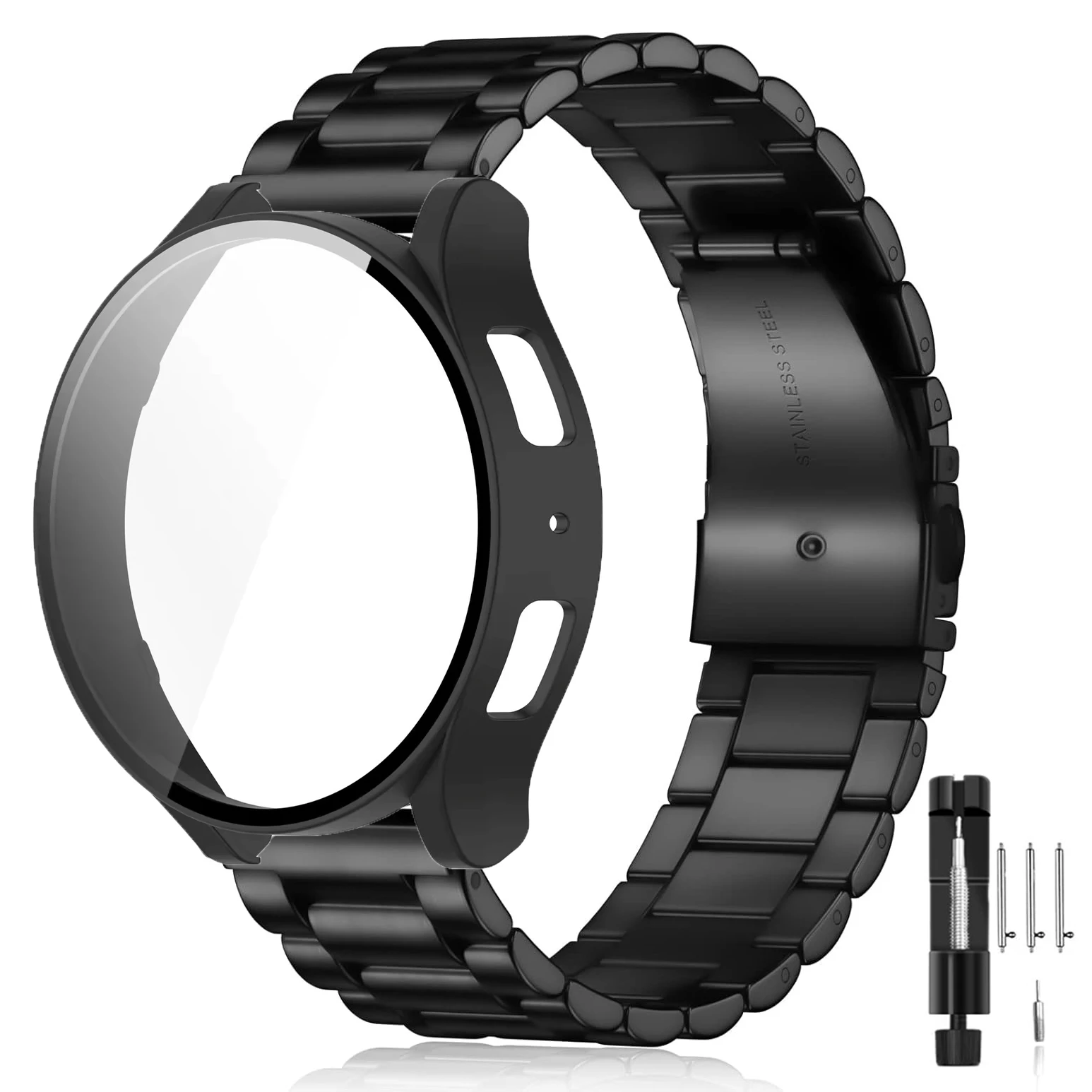 Rhinestone Watch Strap with Tempered Glass Protective PC Case & Metal Band