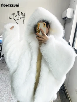 Nerazzurri Autumn Winter Oversized White Black Warm Shaggy Hairy Faux Fur Coat Women with Hood Loose Casual Fluffy Jacket 2023 1