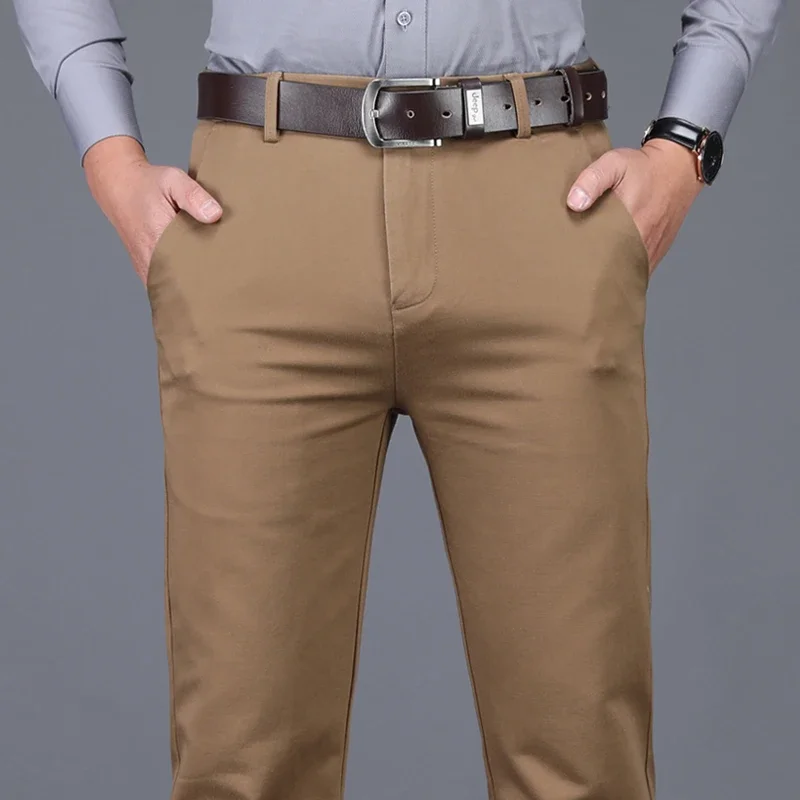 98% Cotton Classic Men's Brown Business Straight Casual Pants Solid Stretch High Waist Office Trousers Male Brand Black Khaki 3
