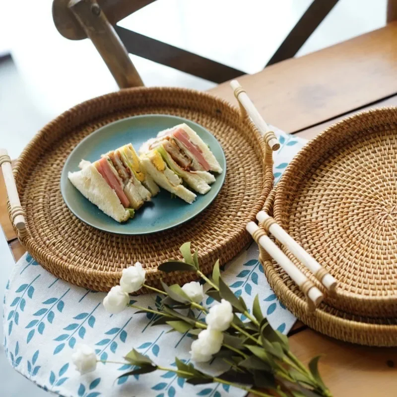 Rattan round dinner tray natural rattan handle handmade woven basket home decoration storage tray suitable for coffee table brea 2