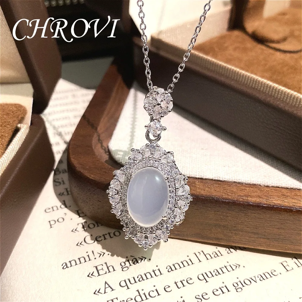 Luxuriöse Halskette aus 925er Sterlingsilber mit weißem Chalcedon-Cabochon für Damen, elegante Achat-Schlüsselbeinkette